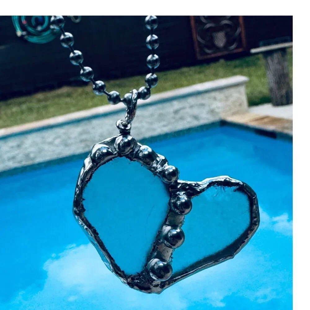 Handcrafted Stained Glass Heart Pendant w/ Silver Blend Metalwork SS Ball Chain